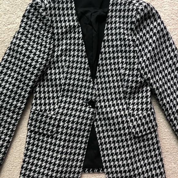 Express Black White Gray Tweed Jacket Blazer Woven Wool Blend 1 Button Jacquard - Picture 2 of 16